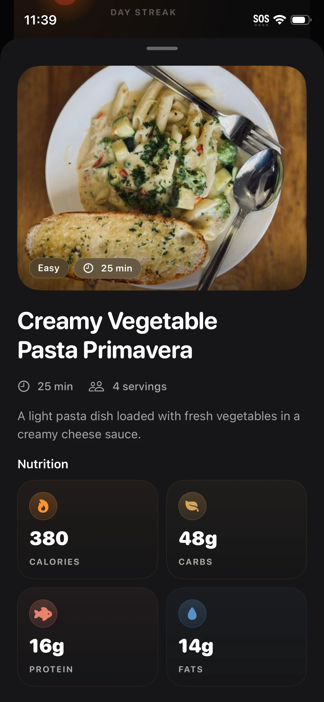 Gurt AI recipe detail screen with ingredients and a full macro breakdown