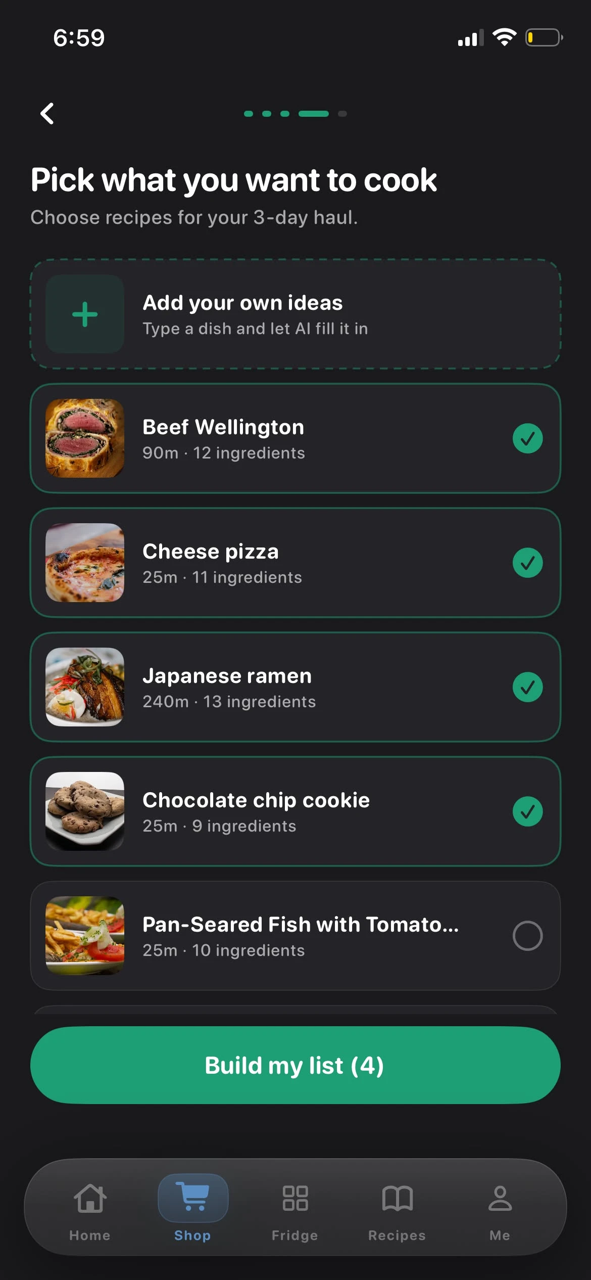 Pick recipes and build a smart shopping list in Gurt AI